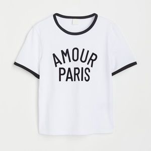 H&M White Black Amour Paris Printed T Shirt Top